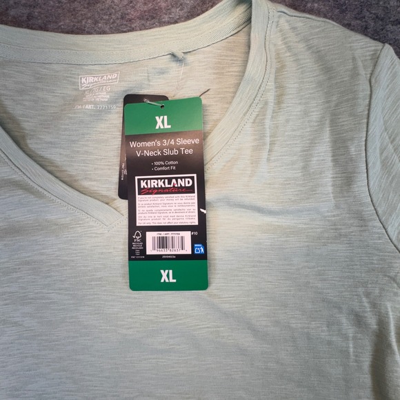 Kirkland Signature Womens XL V-Neck Slub Tee 3/4 Sleeve Cotton Sage Green NWT - Picture 3 of 9
